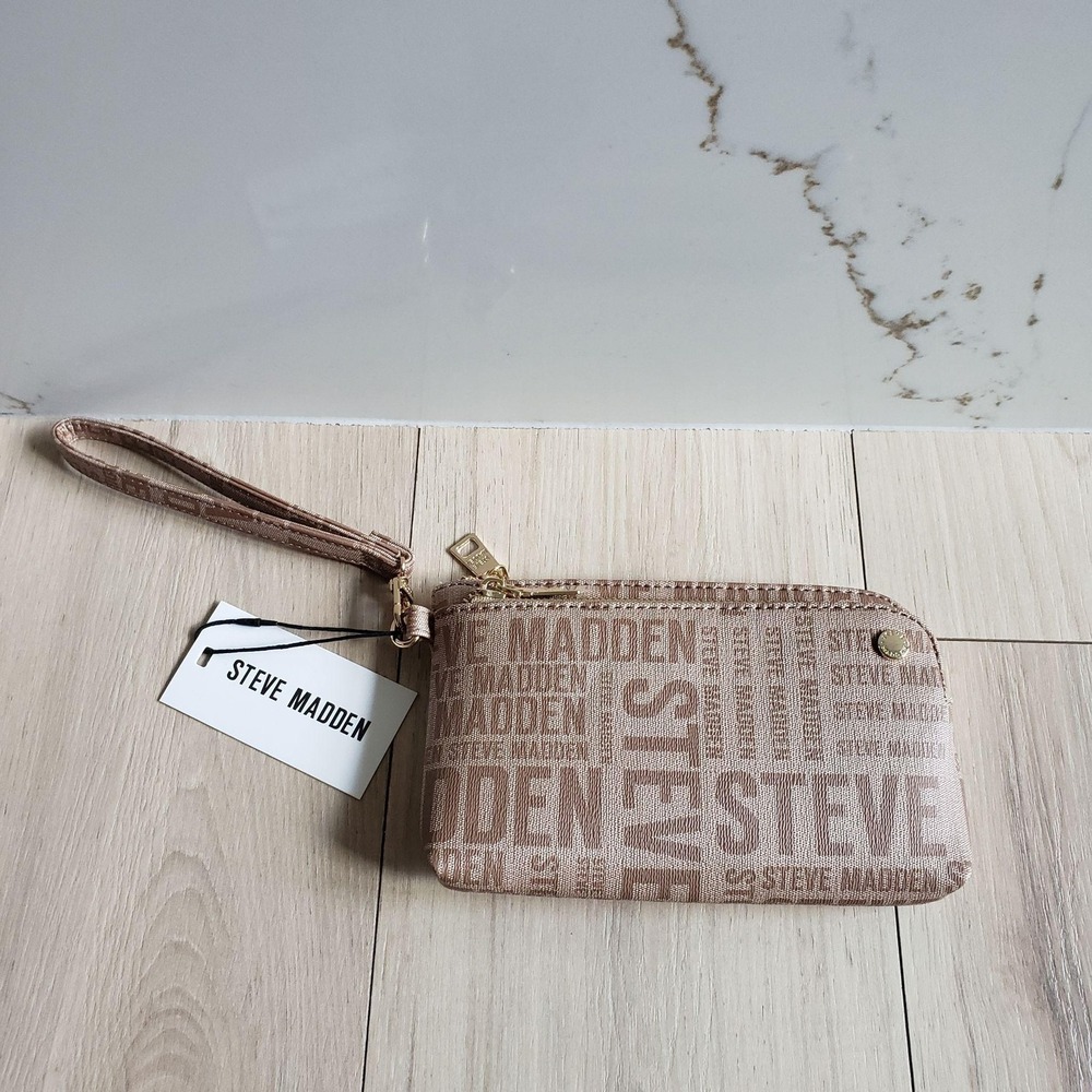 Steve‎ Madden Wristlet Pouch Wallet Womens One Size Brown Logo Canvas Zipper